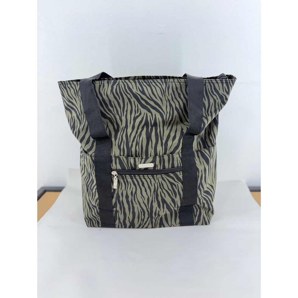 Baggallini Zebra Print Nylon Tote Bag Olive Green Black Top Zip Shoulder Bag